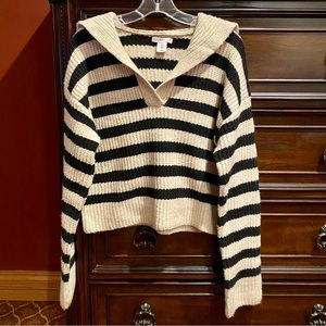 Striped Shawl Collar V-Neck Sweater | M